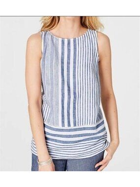 J.Jill Womens Large Love Linen Tunic Sleeveless Striped Pattern Boat Neckline